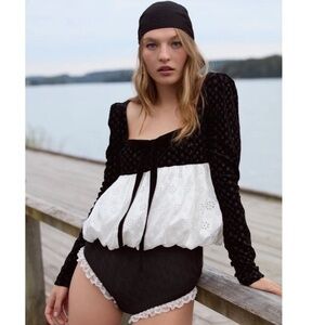 ANTHROPOLOGIE For Love & Lemons Elisa Velvet & Eyelet Bubble Top Size XL NEW